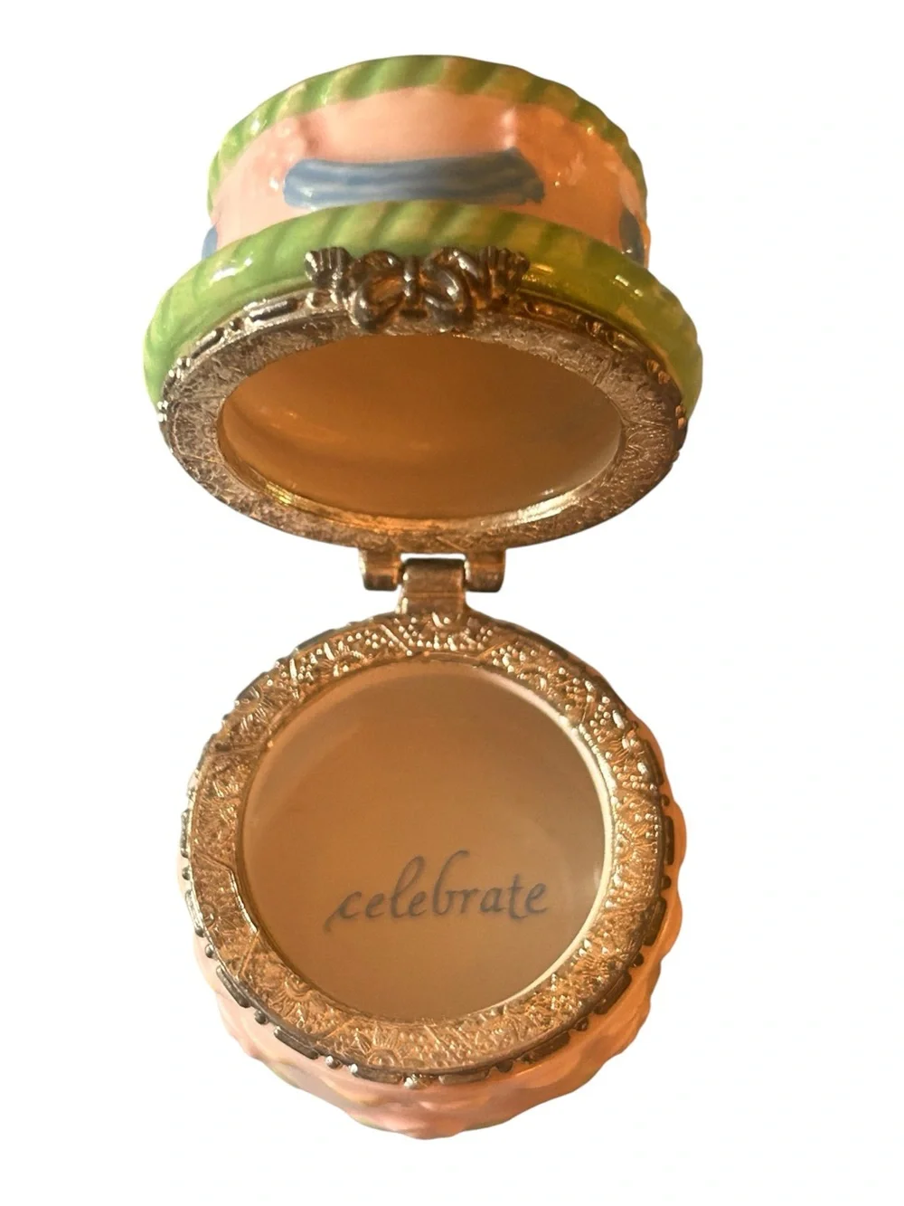 Pink Ceramic Birthday Cake Trinket/Pill Box with Green Trim